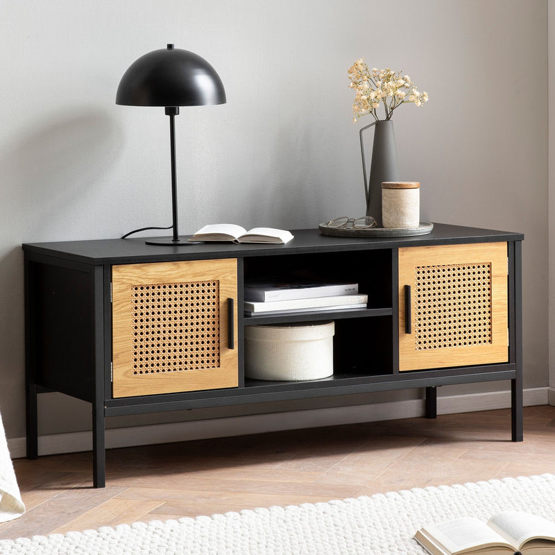 Lowboard Schwarz Eiche Wiener Geflecht 110x48x40cm TV-Kommode