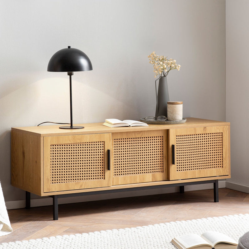 Lowboard Eiche-Dekor Wiener Geflecht 120x45,5x40cm Schiebetüren Rattan