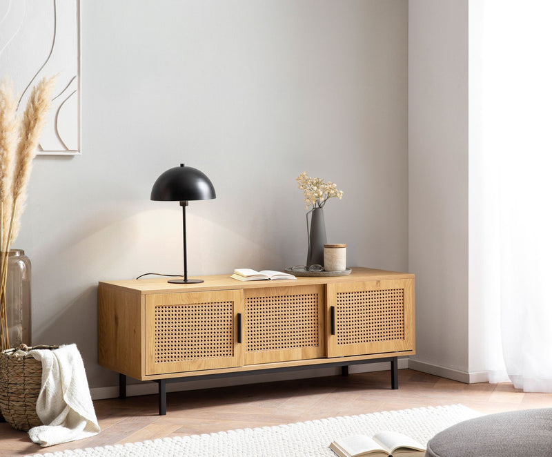 Lowboard Eiche-Dekor Wiener Geflecht 120x45,5x40cm Schiebetüren Rattan