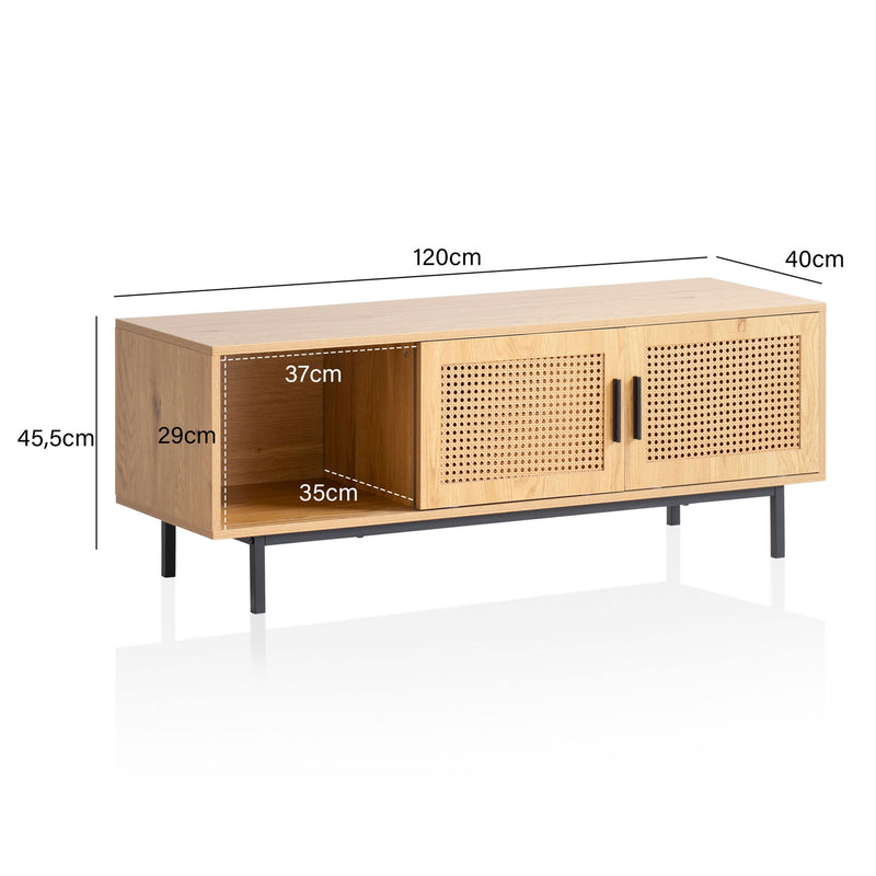 Lowboard Eiche-Dekor Wiener Geflecht 120x45,5x40cm Schiebetüren Rattan