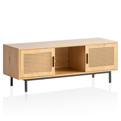 Lowboard Eiche-Dekor Wiener Geflecht 120x45,5x40cm Schiebetüren Rattan in Gesamtansicht mit Rattan-Schiebetüren und Mittelnische.