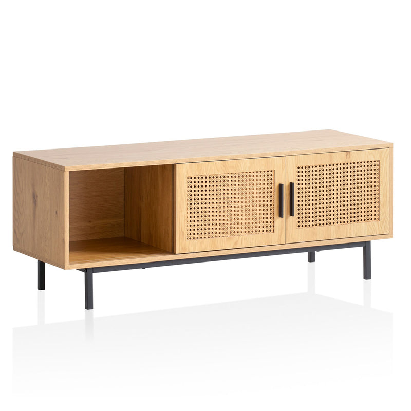Lowboard Eiche-Dekor Wiener Geflecht 120x45,5x40cm Schiebetüren Rattan