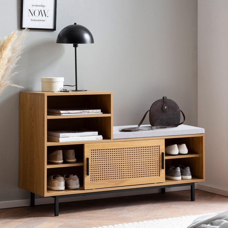 Schuhbank Eiche-Dekor 120x75,5x40cm Rattan gepolstert Stauraum Schiebetür