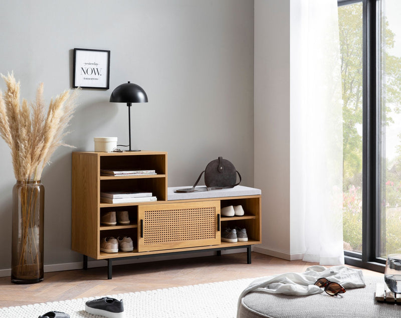 Schuhbank Eiche-Dekor 120x75,5x40cm Rattan gepolstert Stauraum Schiebetür
