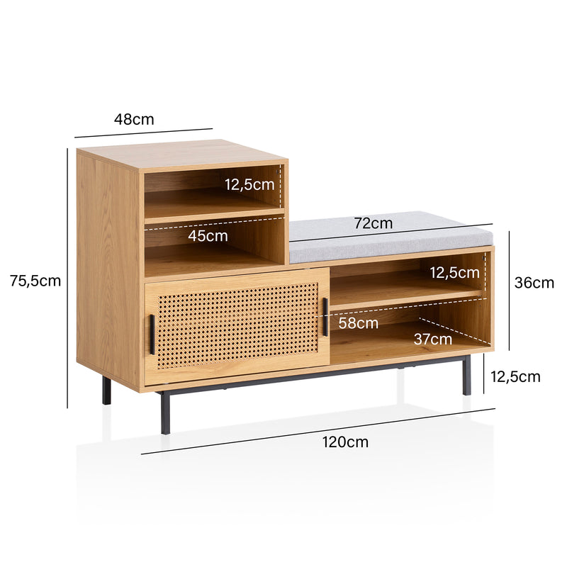 Schuhbank Eiche-Dekor 120x75,5x40cm Rattan gepolstert Stauraum Schiebetür