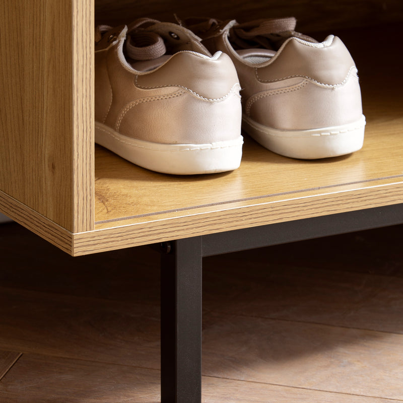 Schuhbank Eiche-Dekor 120x75,5x40cm Rattan gepolstert Stauraum Schiebetür