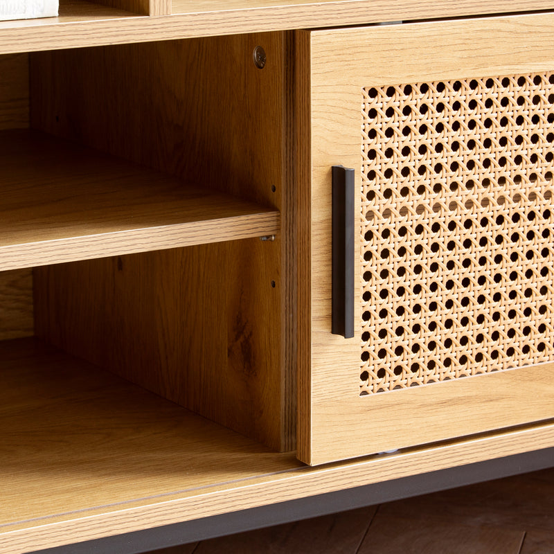 Schuhbank Eiche-Dekor 120x75,5x40cm Rattan gepolstert Stauraum Schiebetür
