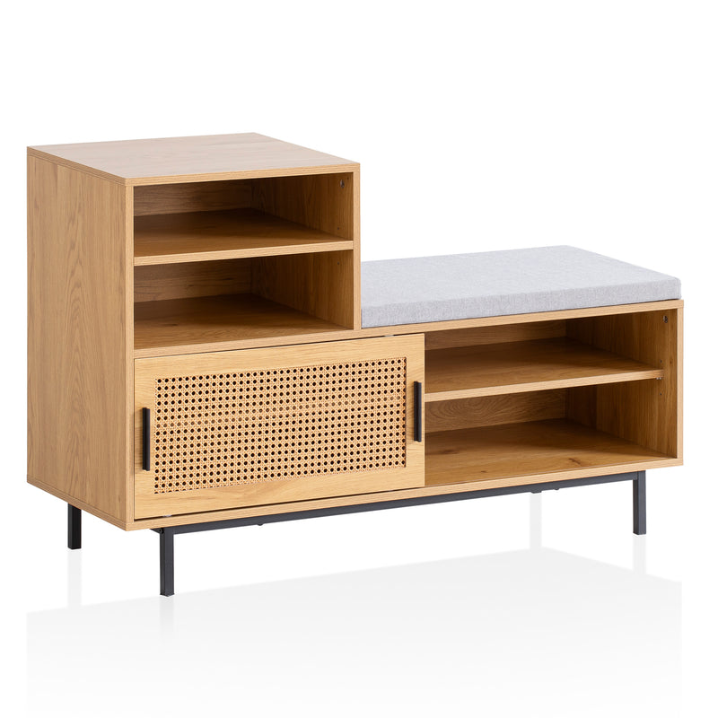 Schuhbank Eiche-Dekor 120x75,5x40cm Rattan gepolstert Stauraum Schiebetür