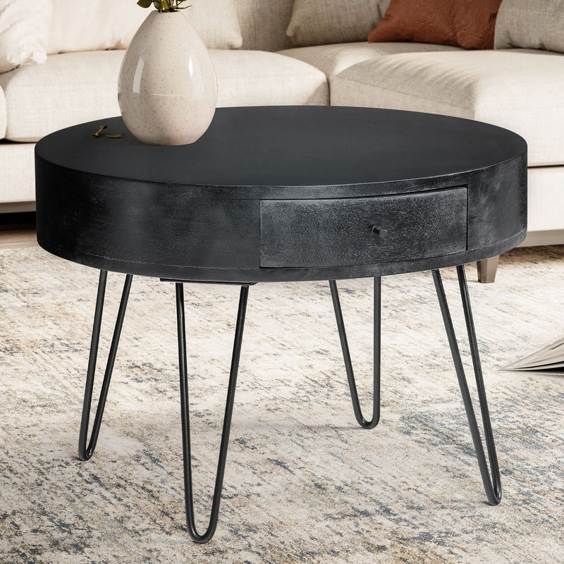 Couchtisch Mango Massivholz Metall Rund 60x60x43cm mit Schublade