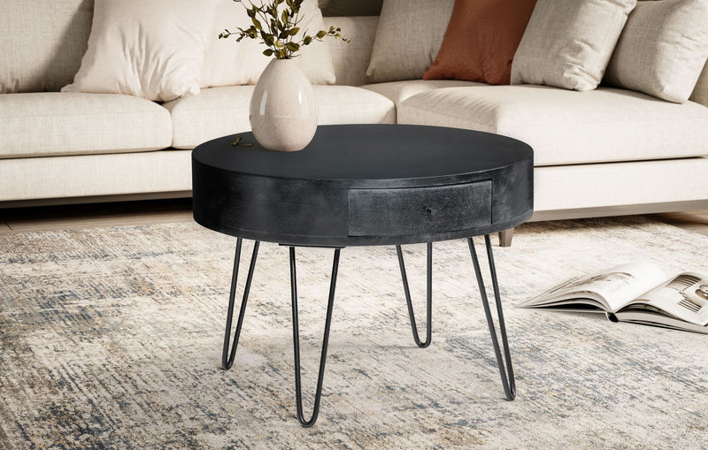 Couchtisch Mango Massivholz Metall Rund 60x60x43cm mit Schublade
