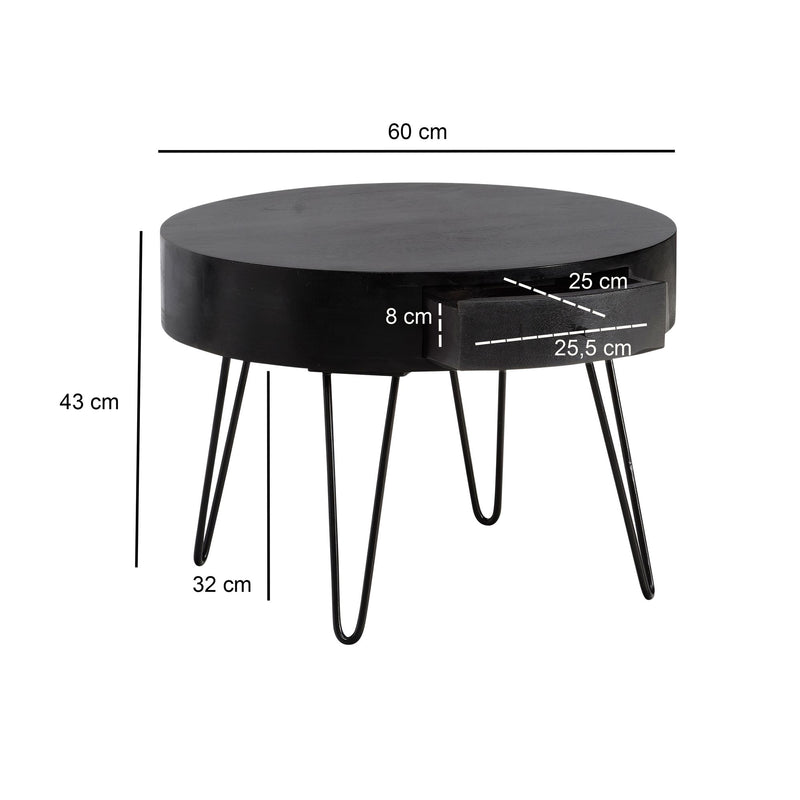 Couchtisch Mango Massivholz Metall Rund 60x60x43cm mit Schublade