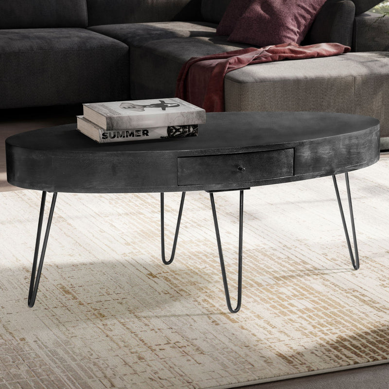 Couchtisch Mango Massivholz Metall Oval Schublade Haarnadelbeine