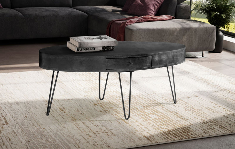 Couchtisch Mango Massivholz Metall Oval Schublade Haarnadelbeine