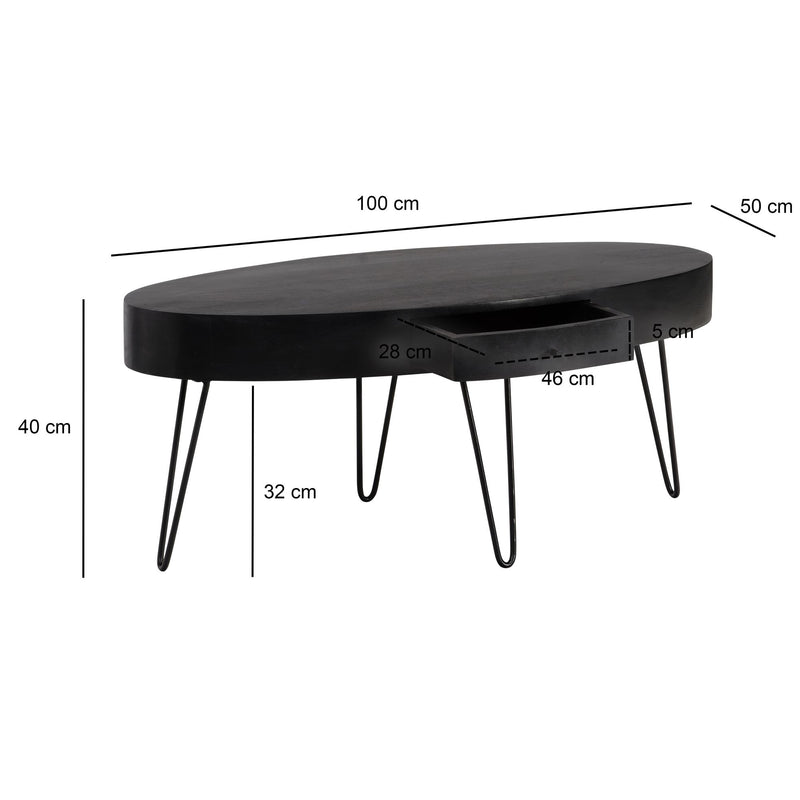 Couchtisch Mango Massivholz Metall Oval Schublade Haarnadelbeine