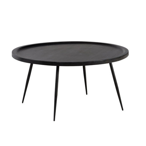 Couchtisch Rund Mango Massivholz Metall Schwarz mit runder Holzplatte und schlanken Metallbeinen, Gesamtansicht.
