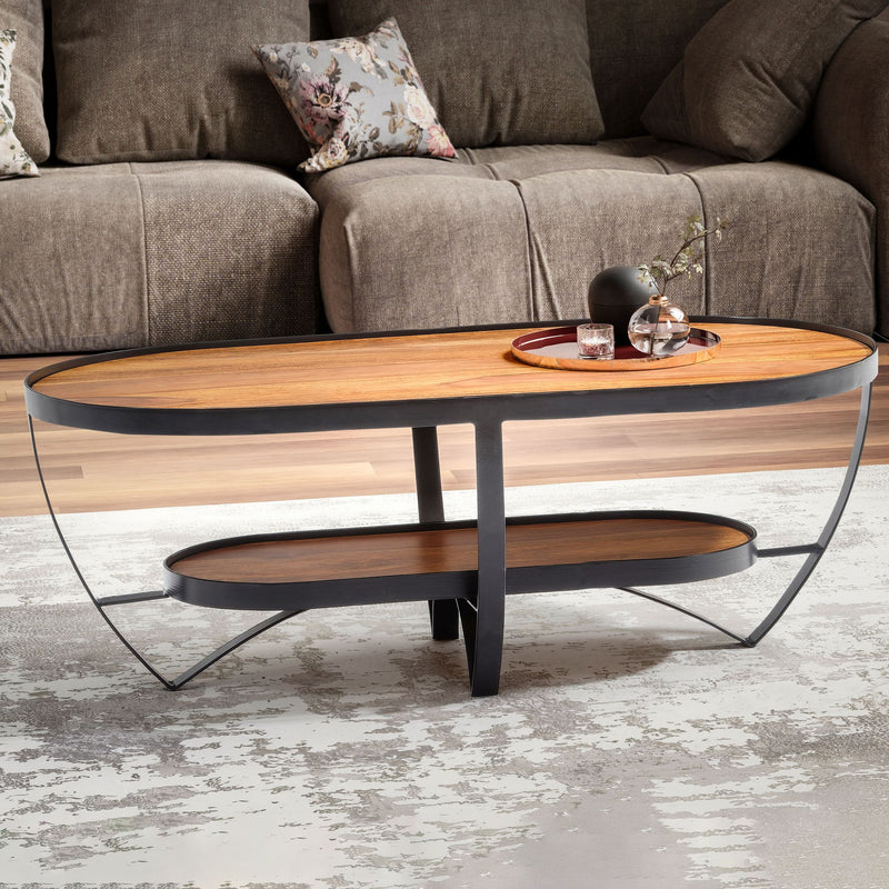Couchtisch Sheesham Massivholz Metall Oval 100x50x37,5cm Stauraum Modern