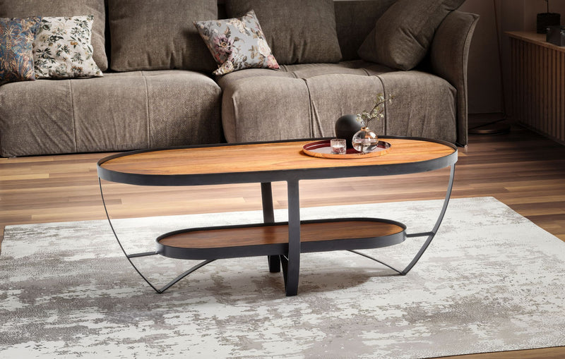 Couchtisch Sheesham Massivholz Metall Oval 100x50x37,5cm Stauraum Modern