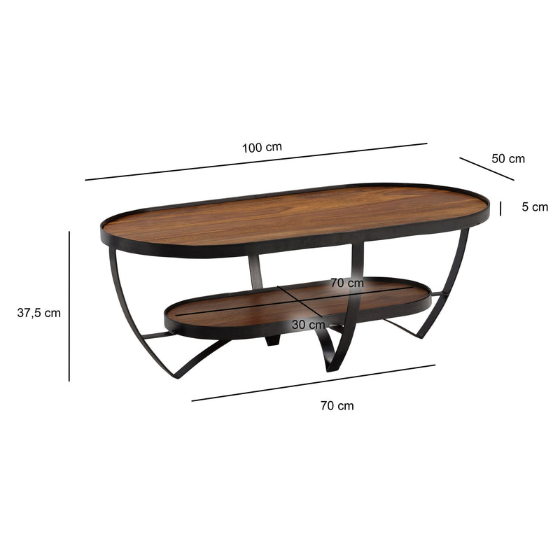 Couchtisch Sheesham Massivholz Metall Oval 100x50x37,5cm Stauraum Modern