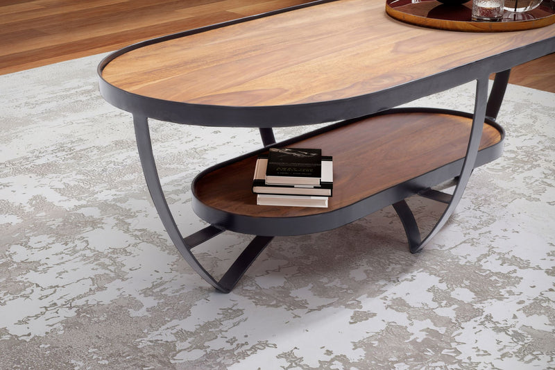 Couchtisch Sheesham Massivholz Metall Oval 100x50x37,5cm Stauraum Modern
