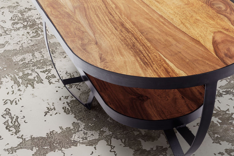 Couchtisch Sheesham Massivholz Metall Oval 100x50x37,5cm Stauraum Modern