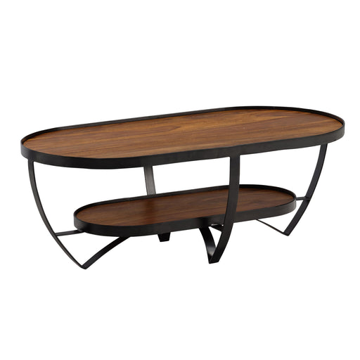 Couchtisch Sheesham Massivholz Metall Oval mit zwei ovalen Ablageflächen und geschwungenen Metallbeinen in Gesamtansicht.