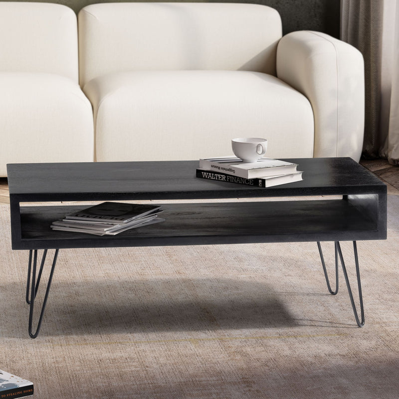 Couchtisch Mango Massivholz 100x50x40cm Metall Schwarz Stauraum
