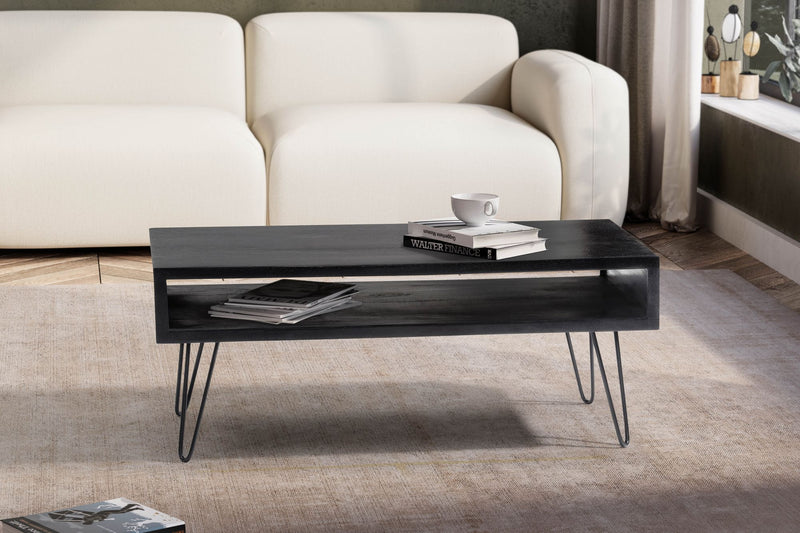 Couchtisch Mango Massivholz 100x50x40cm Metall Schwarz Stauraum