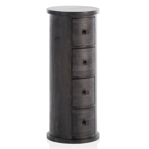Schlankes zylindrisches Sideboard aus Mangoholz in Schwarz mit vier Schubladen und runder Ablagefläche.
