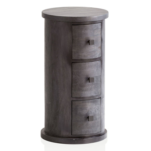 Rundes Sideboard Mango Massivholz Schwarz mit drei Schubladen in Gesamtansicht von vorne.
