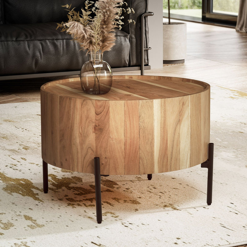 Couchtisch Akazie Massiv Rund 60x60x41cm Metallgestell Braun Schwarz