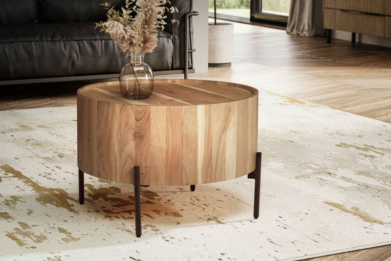 Couchtisch Akazie Massiv Rund 60x60x41cm Metallgestell Braun Schwarz
