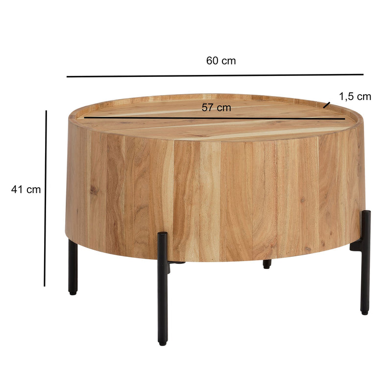 Couchtisch Akazie Massiv Rund 60x60x41cm Metallgestell Braun Schwarz