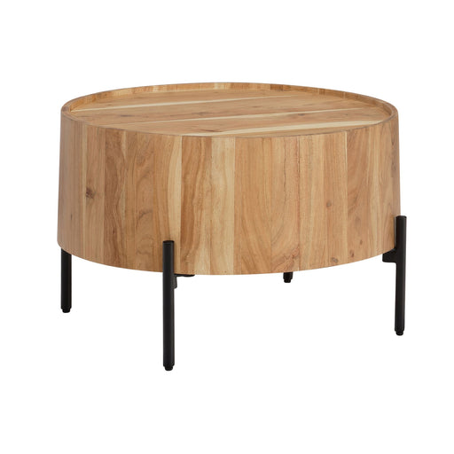 Runder Couchtisch Akazie Massiv mit Holzplatte in Naturholzoptik und schwarzen Metallbeinen, Gesamtansicht.
