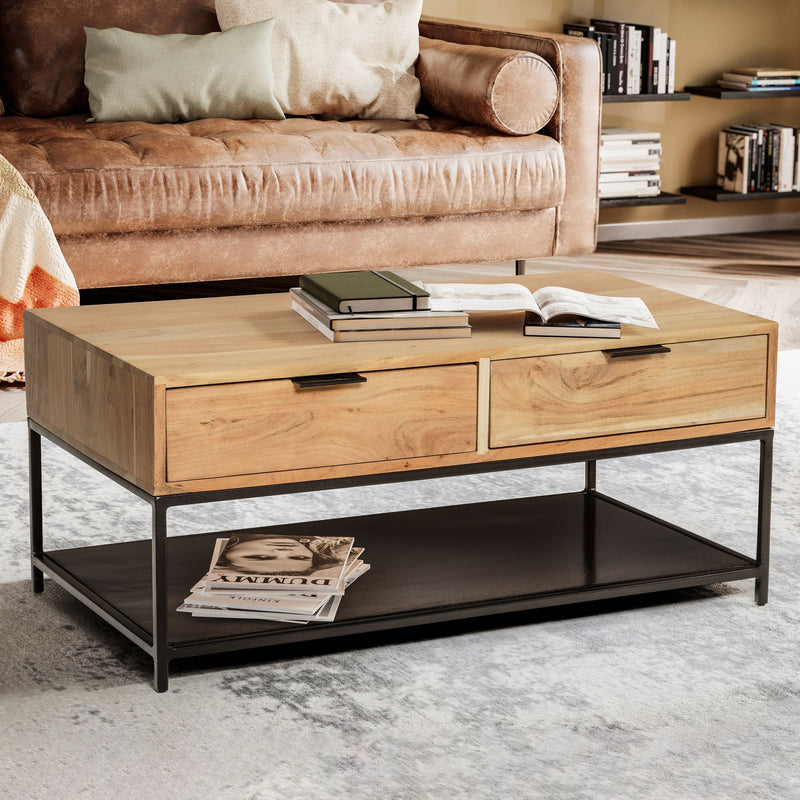 Couchtisch Akazie Massivholz Metall 90x50x40cm mit Schubladen Modern