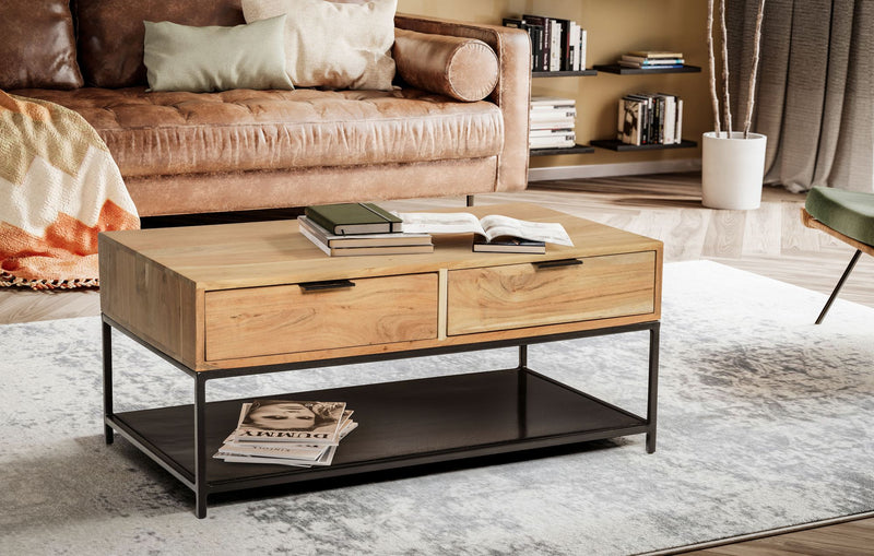 Couchtisch Akazie Massivholz Metall 90x50x40cm mit Schubladen Modern