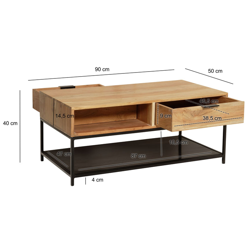 Couchtisch Akazie Massivholz Metall 90x50x40cm mit Schubladen Modern