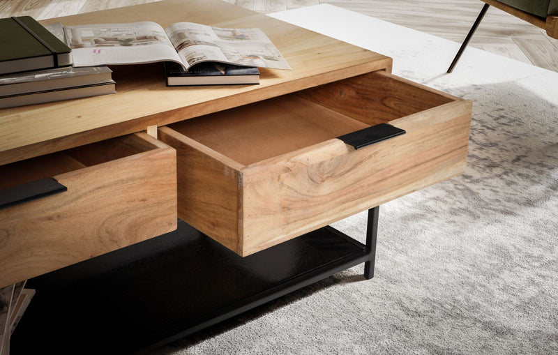 Couchtisch Akazie Massivholz Metall 90x50x40cm mit Schubladen Modern