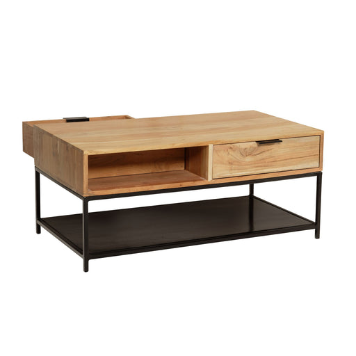 Couchtisch Akazie Massivholz mit Schublade rechts, offener Ablage links und schwarzem Metallgestell.