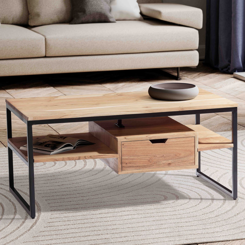 Couchtisch Akazie Massivholz Metall 90x50x42cm mit Schublade Modern