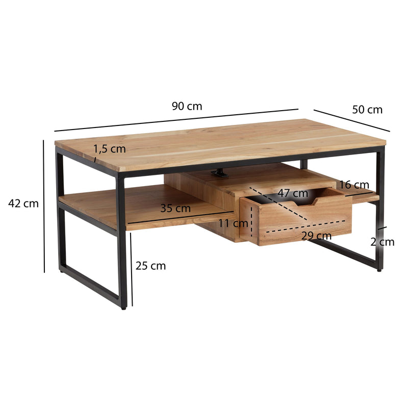 Couchtisch Akazie Massivholz Metall 90x50x42cm mit Schublade Modern