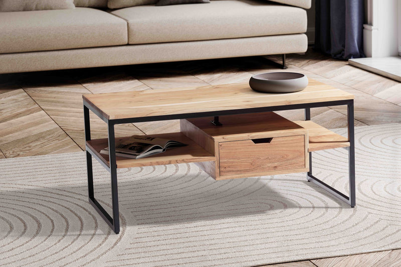 Couchtisch Akazie Massivholz Metall 90x50x42cm mit Schublade Modern
