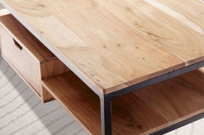 Couchtisch Akazie Massivholz Metall 90x50x42cm mit Schublade Modern