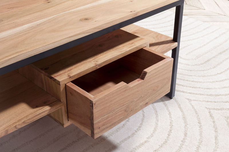 Couchtisch Akazie Massivholz Metall 90x50x42cm mit Schublade Modern