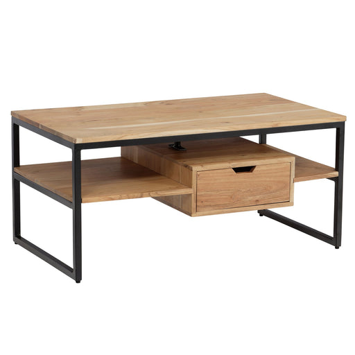 Couchtisch Akazie Massivholz Metall mit schwarzem Metallrahmen, Schublade und offener Ablage in Gesamtansicht.