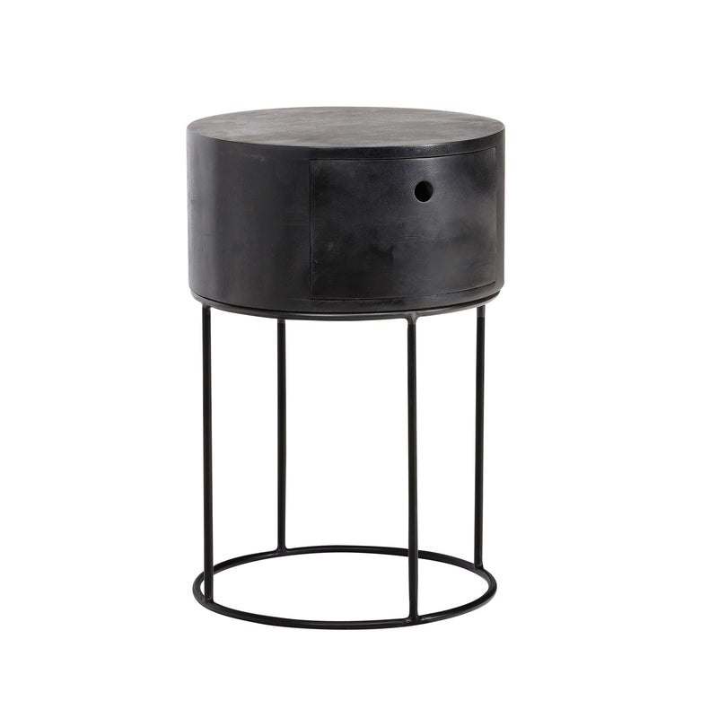 Nachtkonsole Mango Massivholz Metall Schwarz Rund mit Schublade 40x40x60cm