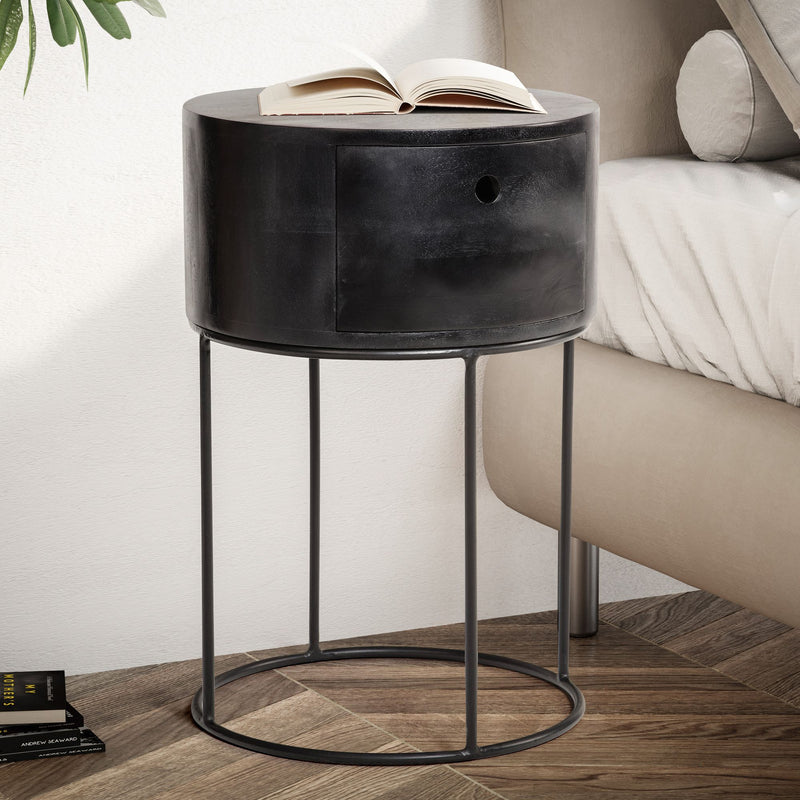 Nachtkonsole Mango Massivholz Metall Schwarz Rund mit Schublade 40x40x60cm