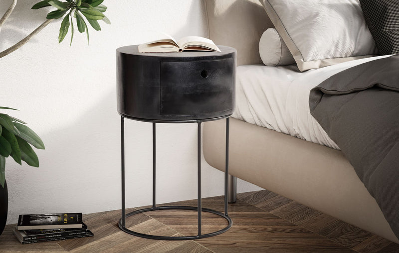 Nachtkonsole Mango Massivholz Metall Schwarz Rund mit Schublade 40x40x60cm