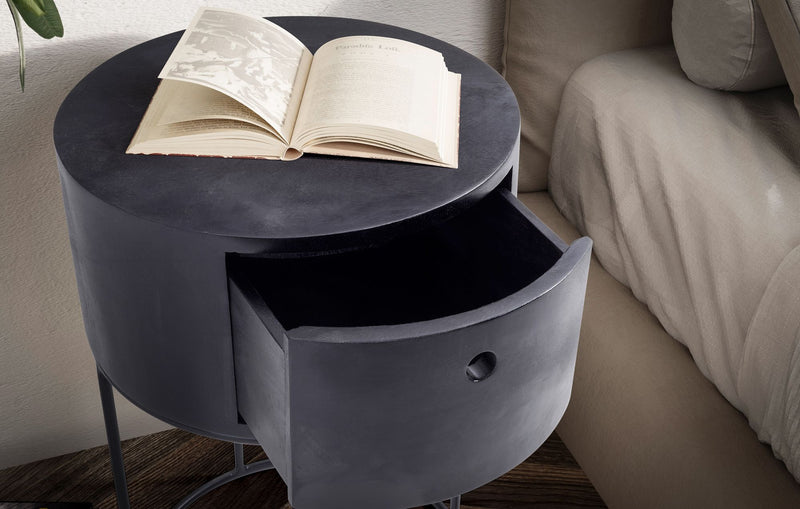 Nachtkonsole Mango Massivholz Metall Schwarz Rund mit Schublade 40x40x60cm