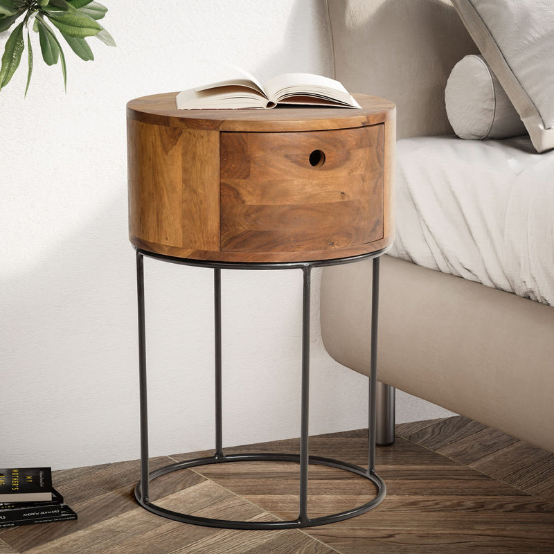 Nachtkonsole Sheesham Massivholz Metall 40x40x60cm Braun Schublade