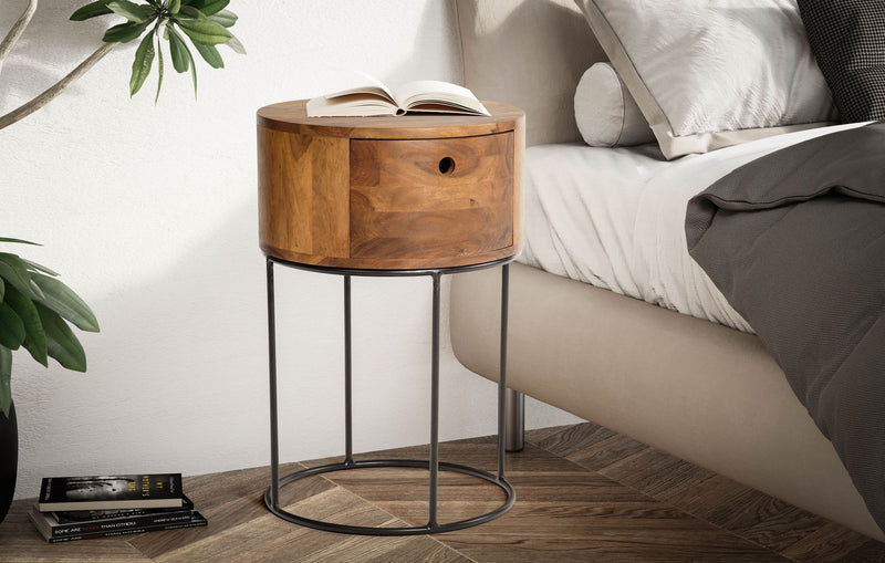 Nachtkonsole Sheesham Massivholz Metall 40x40x60cm Braun Schublade